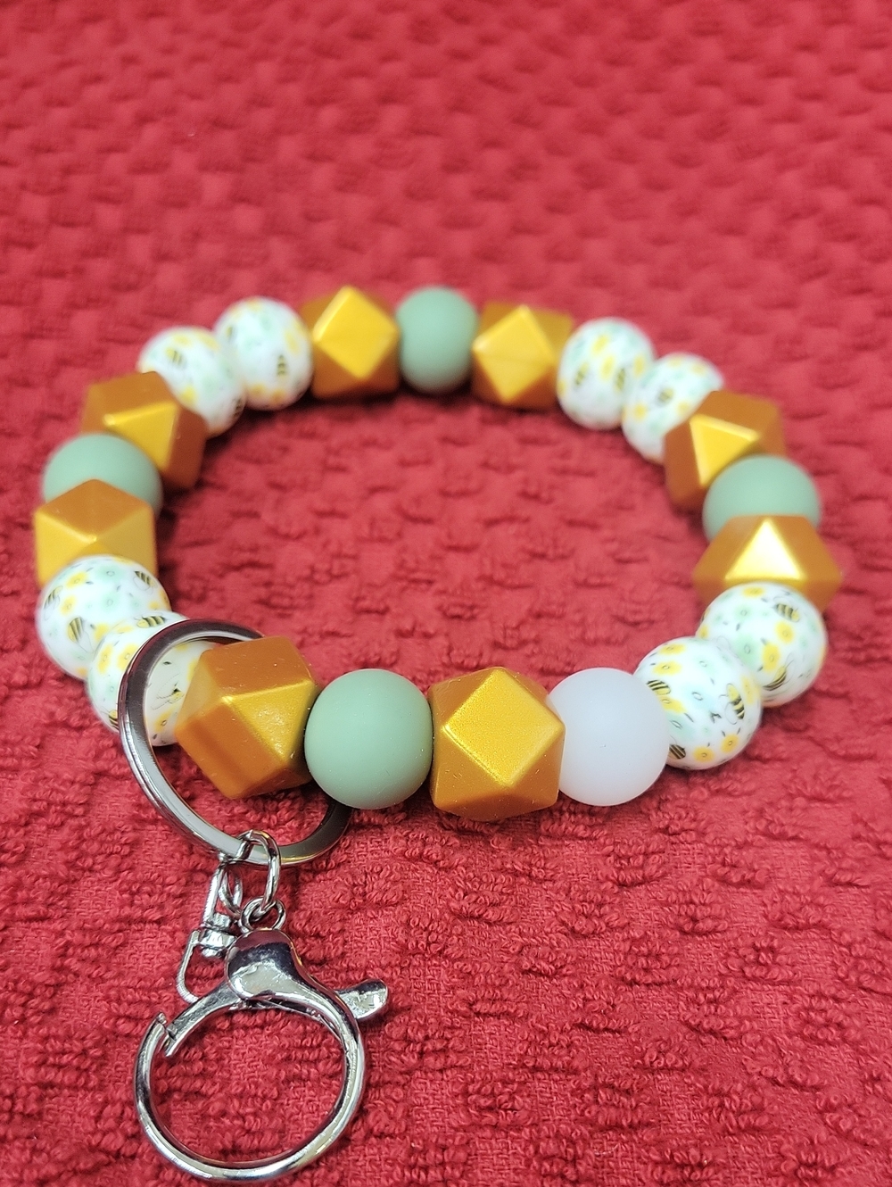 Gold & Sage Beaded Keyring Bracelet - Unbranded